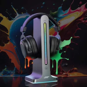 Porodo Gaming RGB Dynamic Sound Lighting Headphone Stand with Cable Storage 300mAh Black 2 1 بازرگانی حاجی زاده پایه شارژ و نگه دارنده هدفون پرودو مدل PDX528